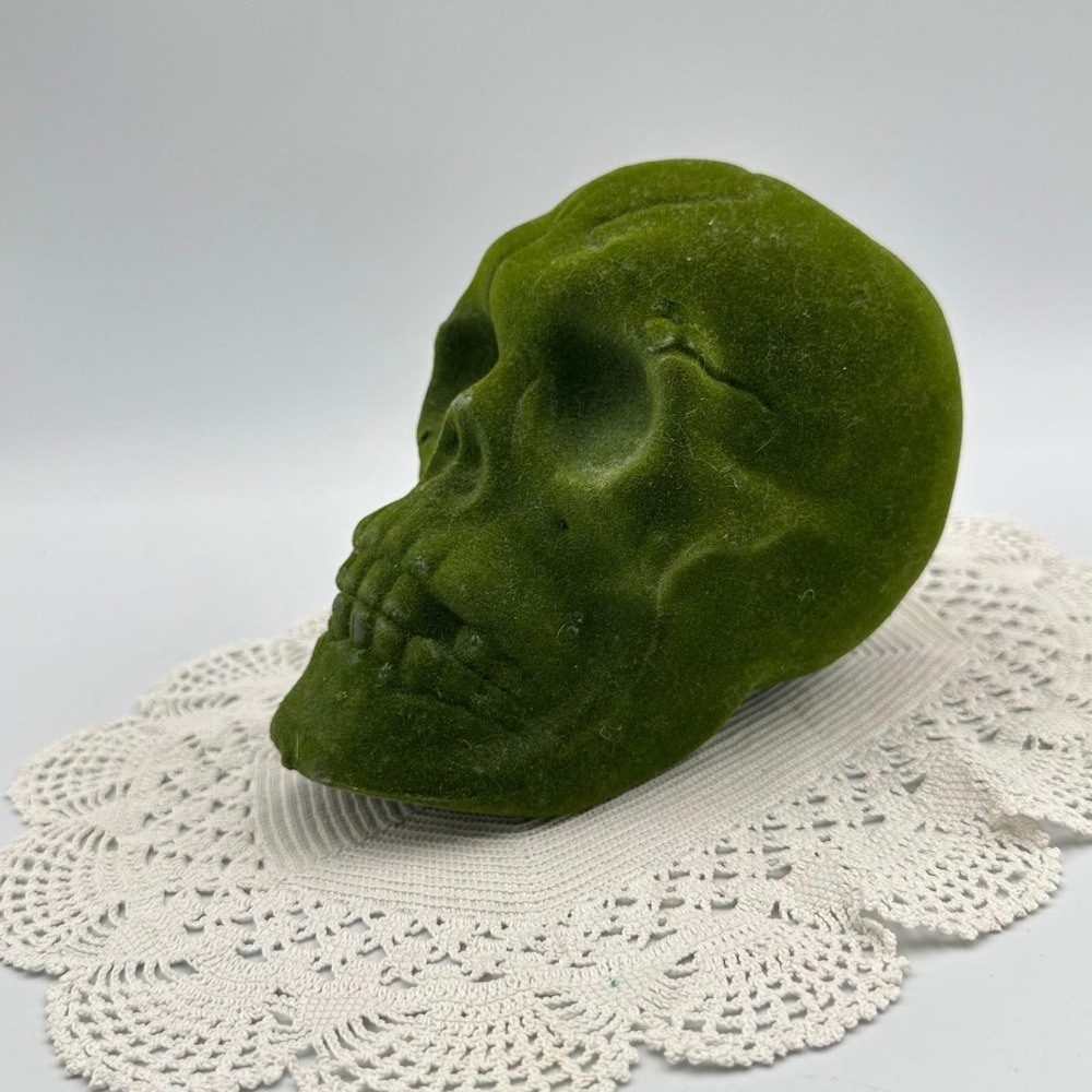 Flocked Skull Green Mossy Velvet Texture Modern‎ 5in Halloween Decor